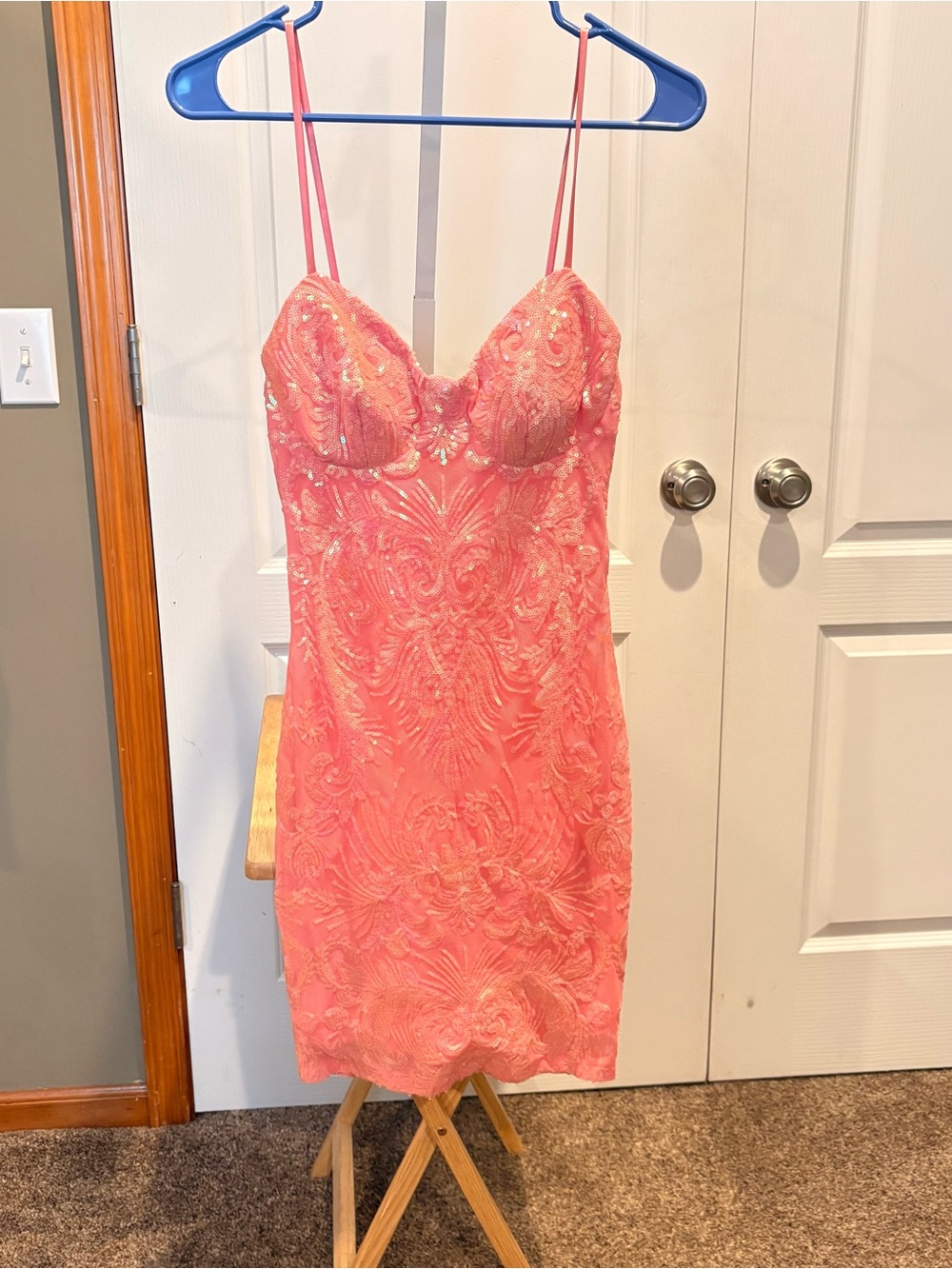 NEXT/UP Coral Sequin Sweetheart Mini Dress Juniors 3/4 Homecoming Party